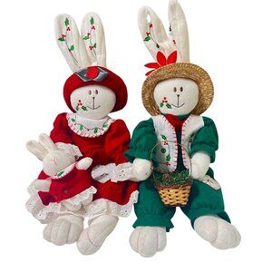 Christmas Rabbit Bunny Pair Plush Boy Girl Red Green Straw Hat Holly Shelf Sitte